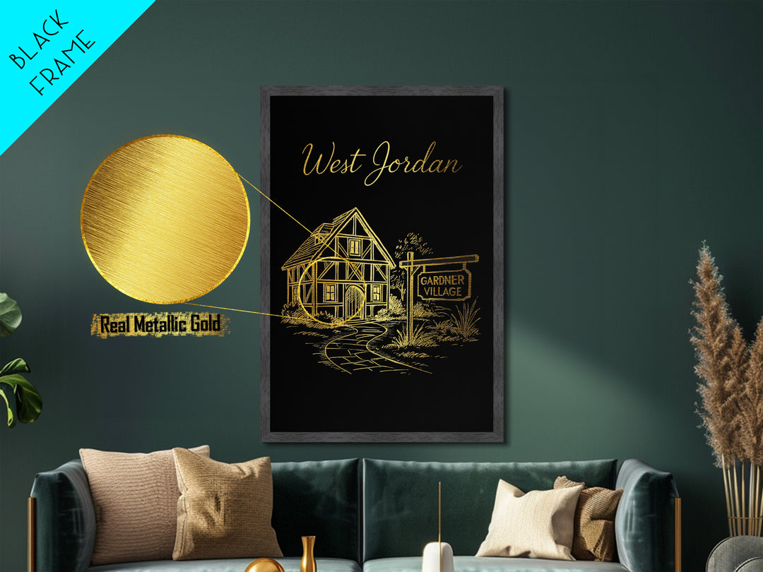 West Jordan Utah Art, Metallic Gold Art, Wood Framed Art, Metal Art, Modern House Art, Birthday Travel Gift, Living Room Decor