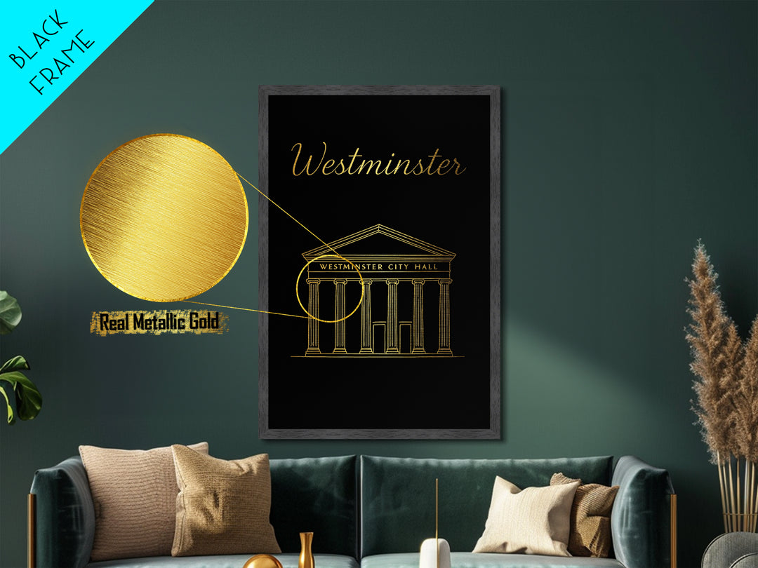 Westminster California Travel, Metallic Gold Print, Wood Framed Art, Metal Art, Modern Wall Art, Graduation Travel Gift, Living Room Decor