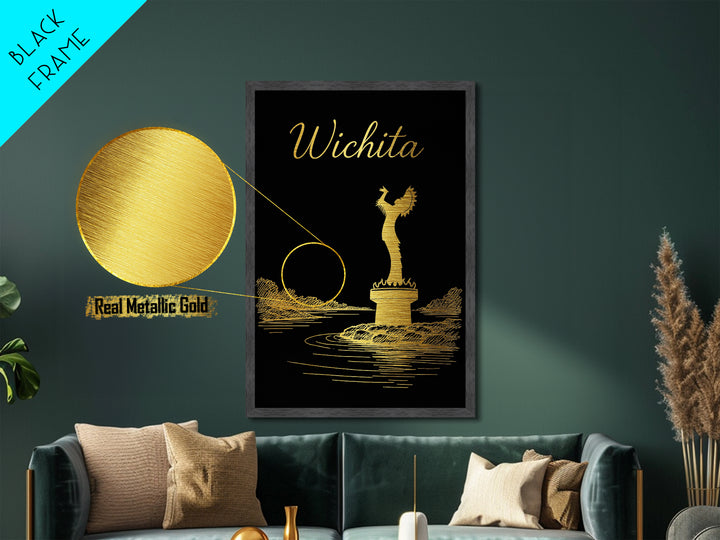 Wichita Kansas Travel, Metallic Gold Print, Wood Framed Art, Metal Art, Minimalist Wall Art, Destination Gift, Home Decor
