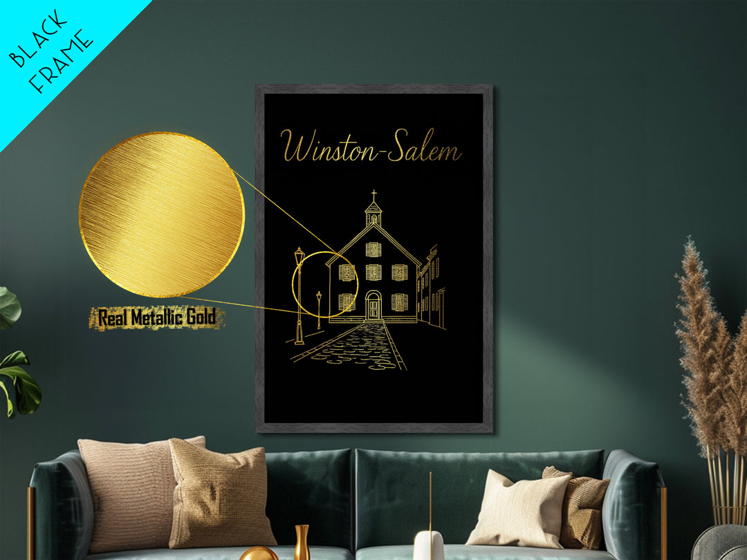 Winston Salem North Carolina Travel, Metallic Gold Print, Wood Framed Art, Metal Art, Modern House Art, Wanderlust Gift, Bedroom Decor