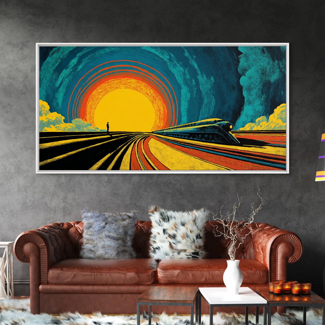 Futuristic Train Sunset Wall Art, Retro Sci Fi Railway Poster, Midcentury Modern Decor, MCM Wall Decor, Bold Orange Blue Print