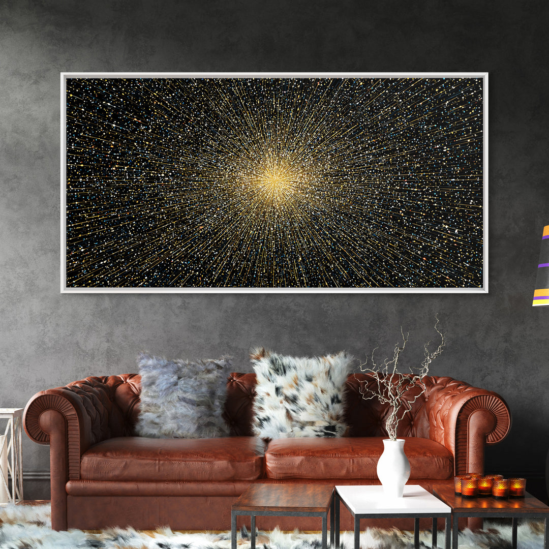Golden Particle Explosion Wall Art, Radiant Starburst Abstract, Modern Art Print, Black Gold Space Poster, Office Decor Gift