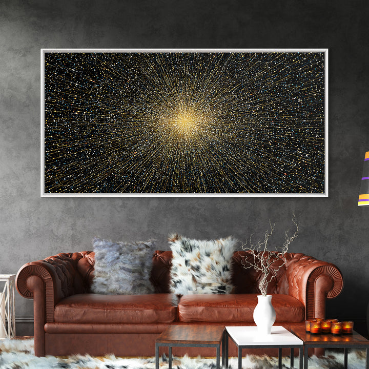 Golden Particle Explosion Wall Art, Radiant Starburst Abstract, Modern Art Print, Black Gold Space Poster, Office Decor Gift