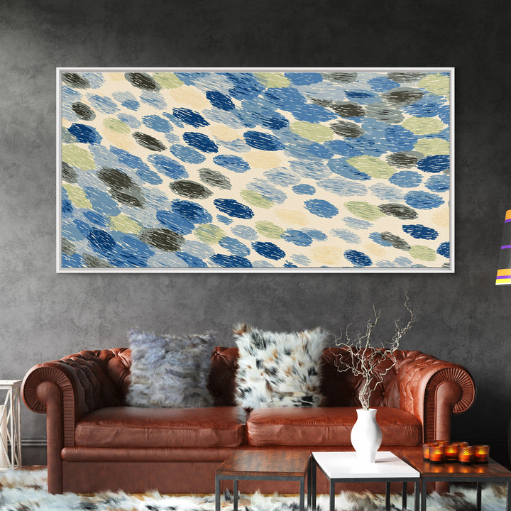 Blue Gray Brush Dot Abstract Wall Art, Midcentury Modern Art Print, Minimalist Retro Decor, Coastal Geometric Poster For Home