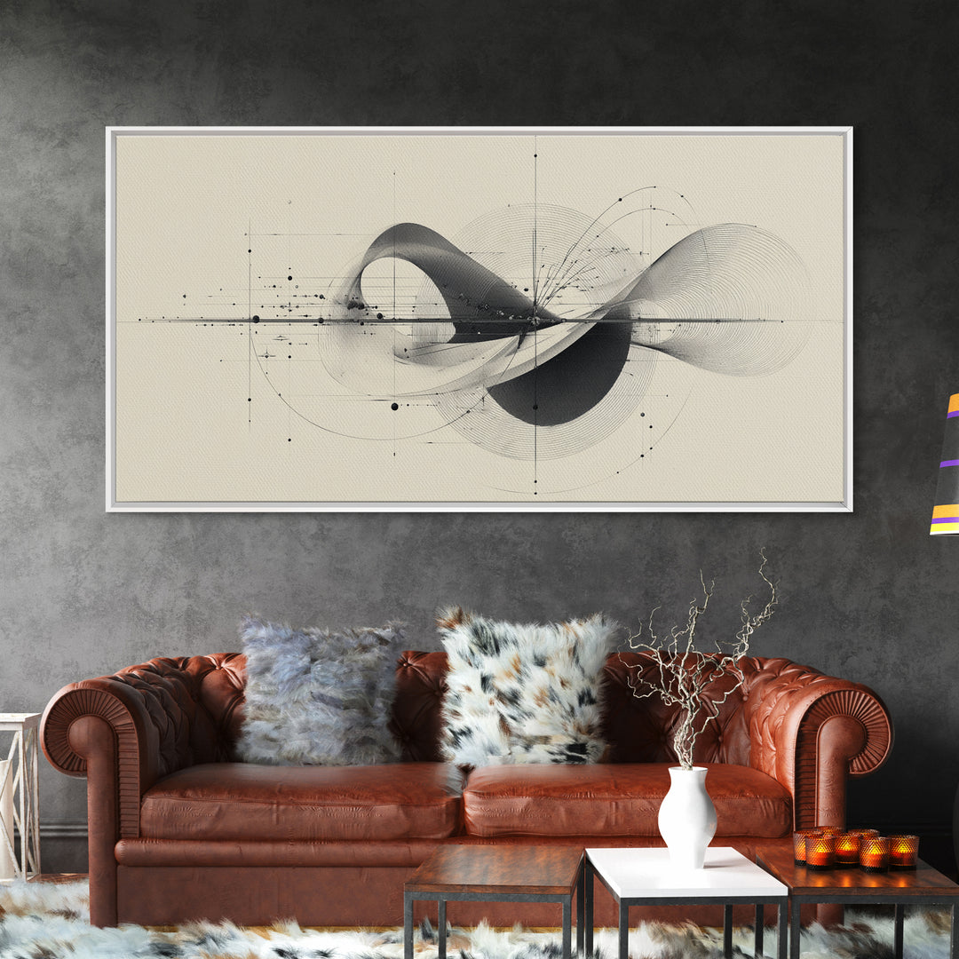 Beige Kinetic Wave Diagram Framed Canvas Print, Modern Abstract Wall Decor, Architectural Line Art Poster For Office Home