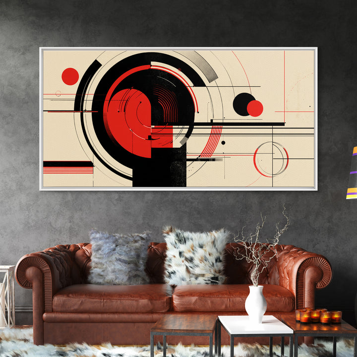 Red Black Circular Abstract Canvas Print, Mid Century Modern Wall Decor, Geometric Bauhaus Poster, Atomic Retro Artwork Print