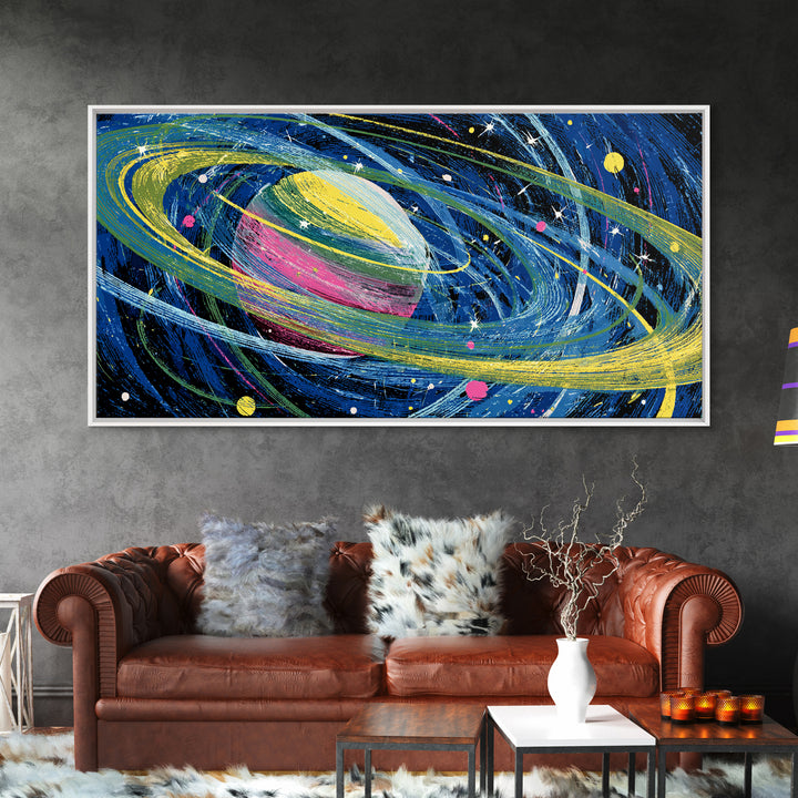 Colorful Ringed Planet Wall Art, Retro Sci Fi Space Poster, Cosmic Mid Century Modern Art Print, Kids Room Galaxy Decor Gift