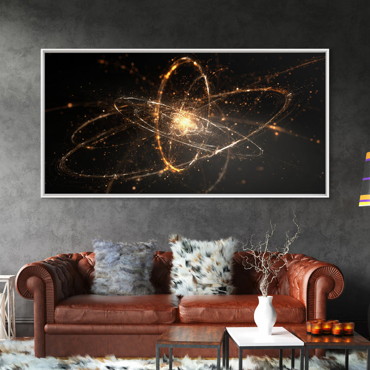 Golden Atomic Orbit Wall Art, Modern Abstract Space Poster, Cosmic Particle Artwork, Black Gold Home Office Decor Print Gift