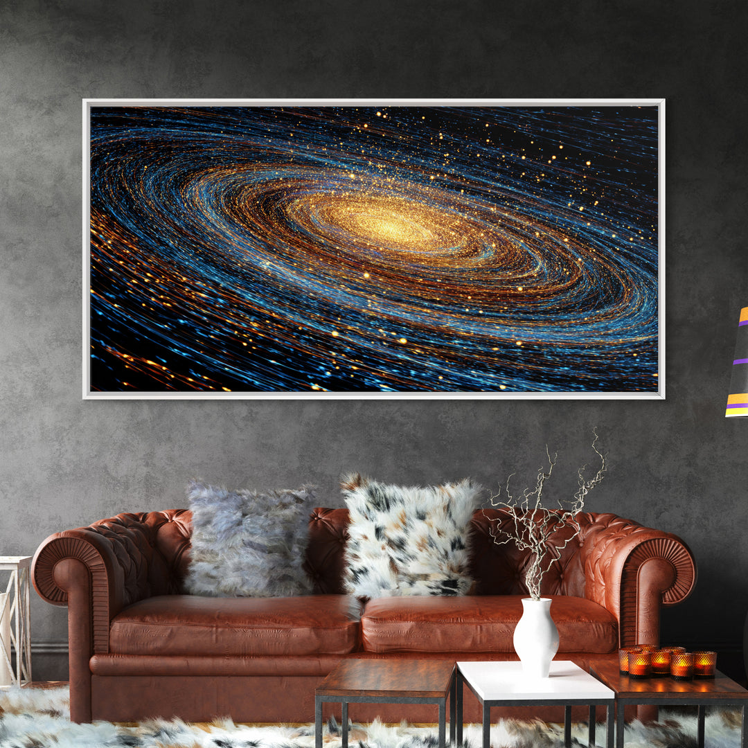 Blue Gold Spiral Galaxy Framed Canvas Print, Cosmic Space Wall Art, Modern Abstract Poster, Large Sci Fi Decor For Living Room