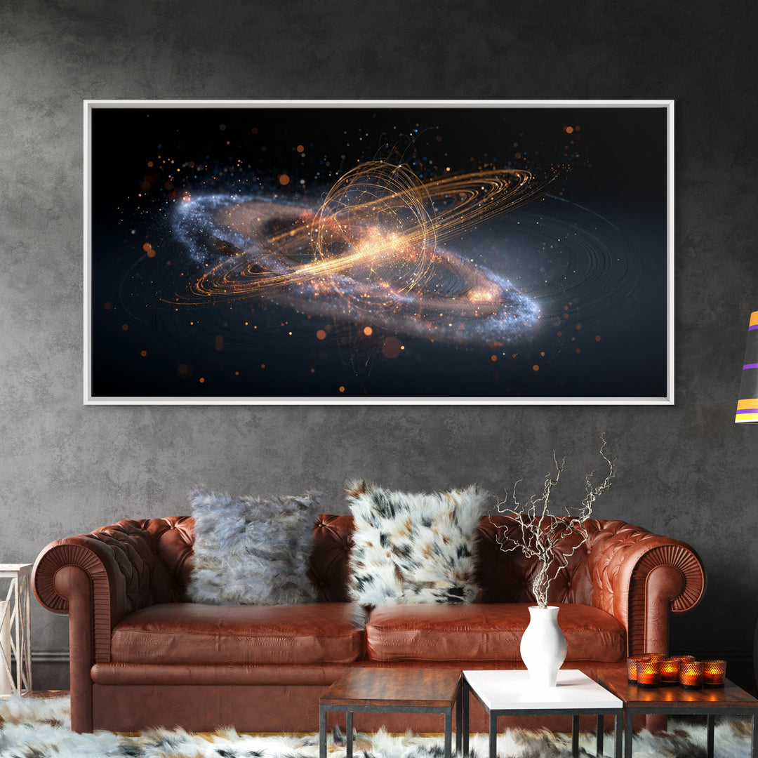 Golden Cosmic Galaxy Wall Art, Saturn Ring Space Abstract Poster, Modern Sci Fi Decor, Large Canvas Print For Home Office