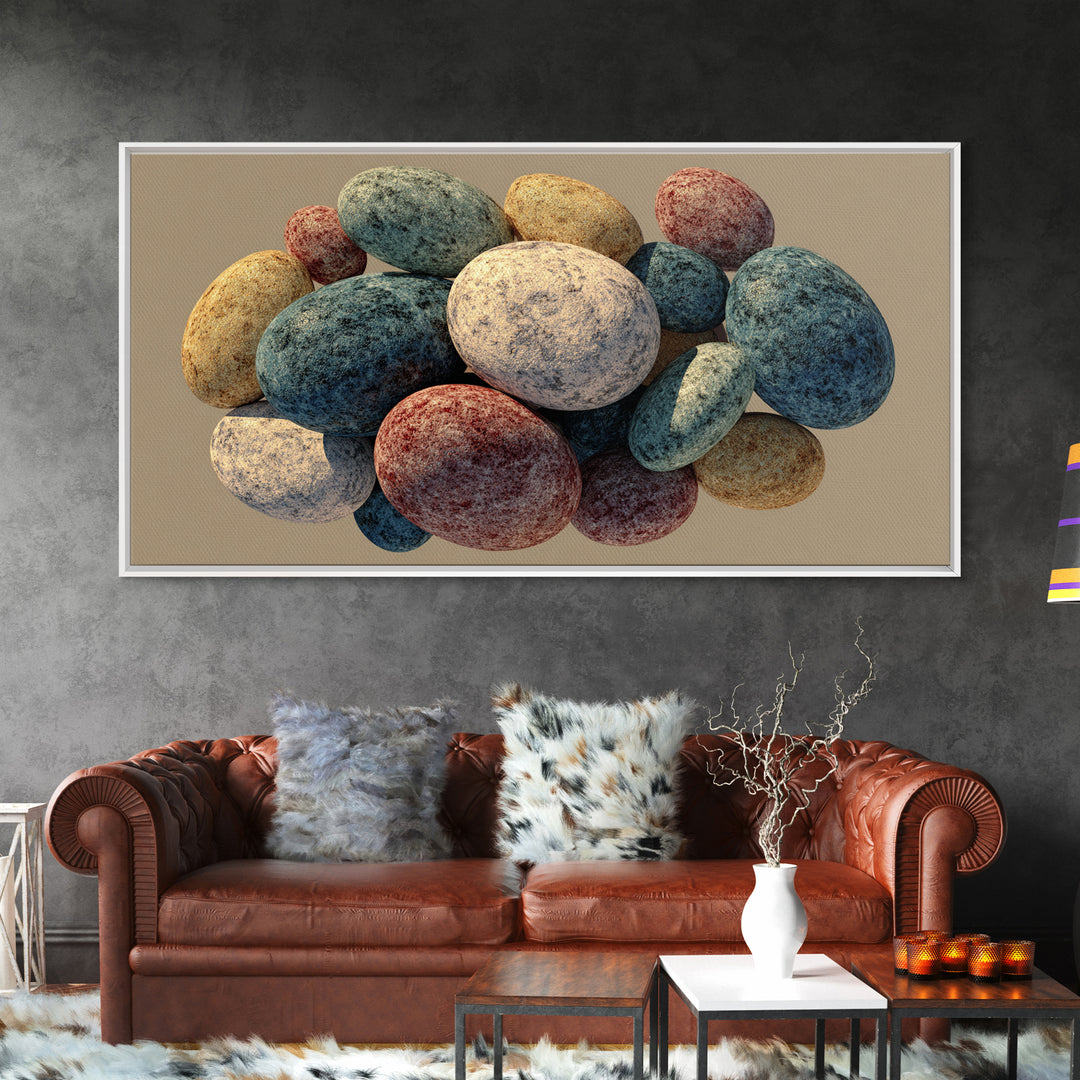 Speckled Egg And Stone Still Life Canvas Print, Earth Tone Organic Shapes, Modern Home Decor, Kitchen Art, Neutral Wall Decor