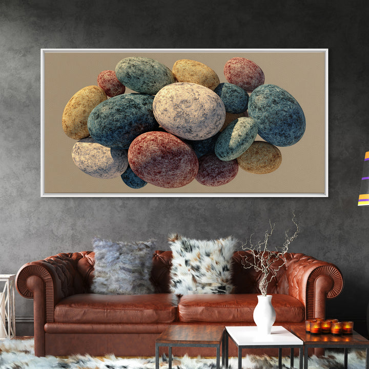 Speckled Egg And Stone Still Life Canvas Print, Earth Tone Organic Shapes, Modern Home Decor, Kitchen Art, Neutral Wall Decor
