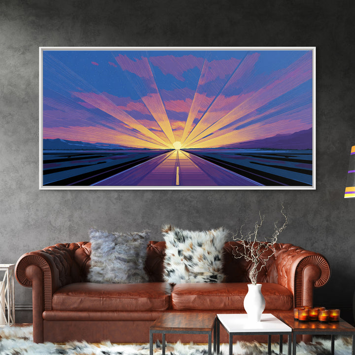 Radiant Road Sunset Canvas Print, Purple Blue Horizon Rays, Retro Travel Poster, Modern Wall Art, Midcentury Decor, Home Office Art