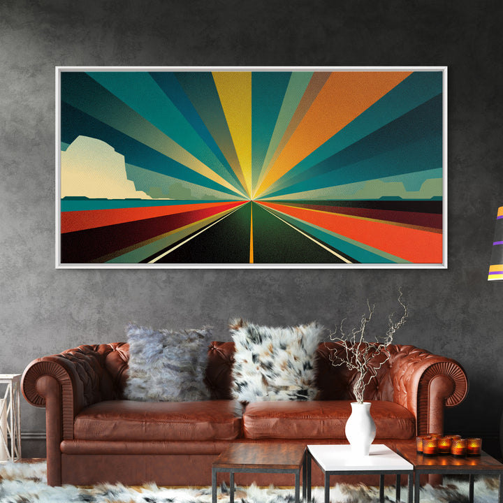 Retro Desert Highway Sunburst Wall Art, Teal Orange Perspective Landscape, Midcentury Modern Decor, Modern Art Print, MCM Wall Decor
