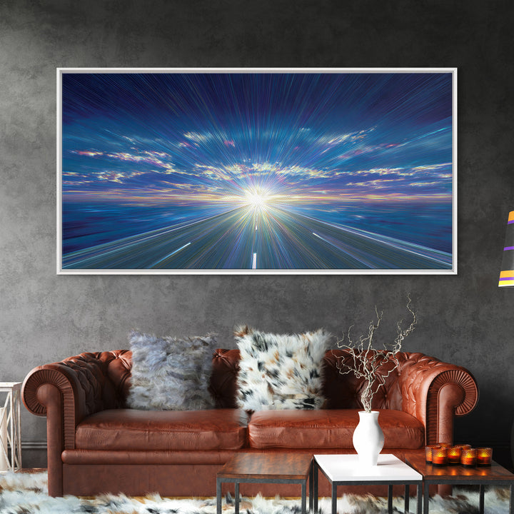 Blue Highway Light Burst Canvas Print, Radiant Horizon Road, Modern Abstract Art, Retro Wall Art, Home Office Decor, Large Prints