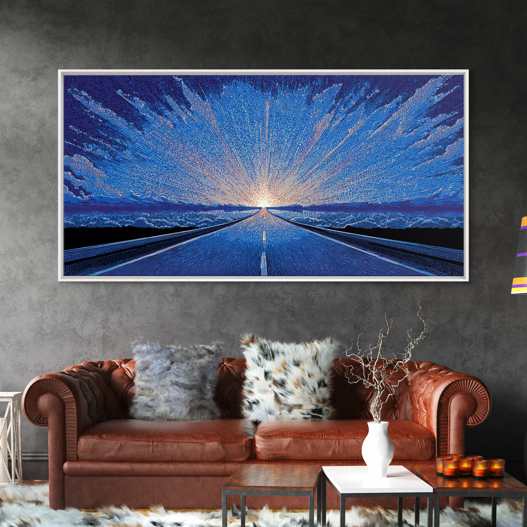 Icy Blue Road Sunrise Wall Art, Winter Horizon Light Burst, Modern Digital Art, Retro Poster, Statement Wall Decor, Home Office Art