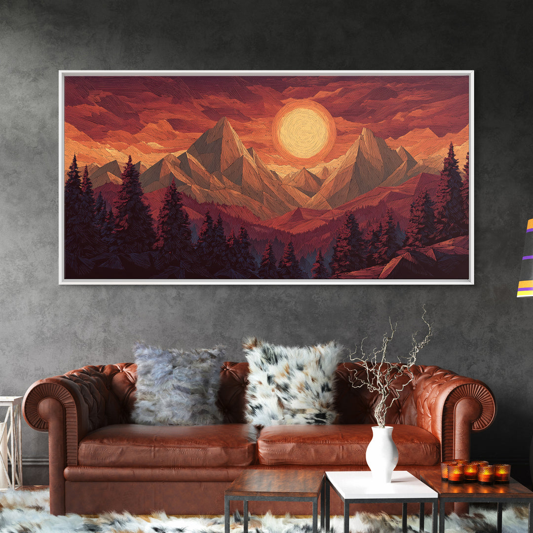 Orange Sun Mountain Forest Framed Canvas Print, Retro Landscape Poster, Midcentury Wall Art, Rustic Cabin Decor, Living Room Art
