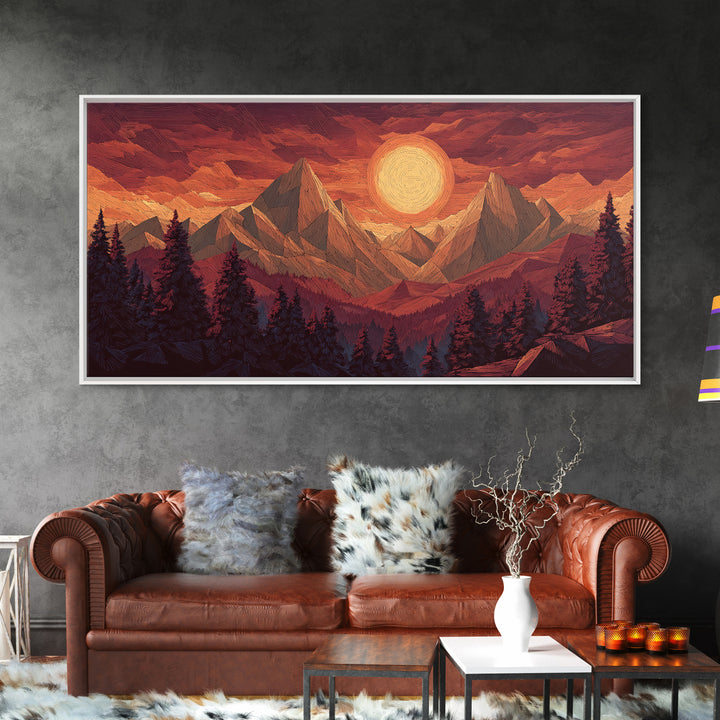 Orange Sun Mountain Forest Framed Canvas Print, Retro Landscape Poster, Midcentury Wall Art, Rustic Cabin Decor, Living Room Art