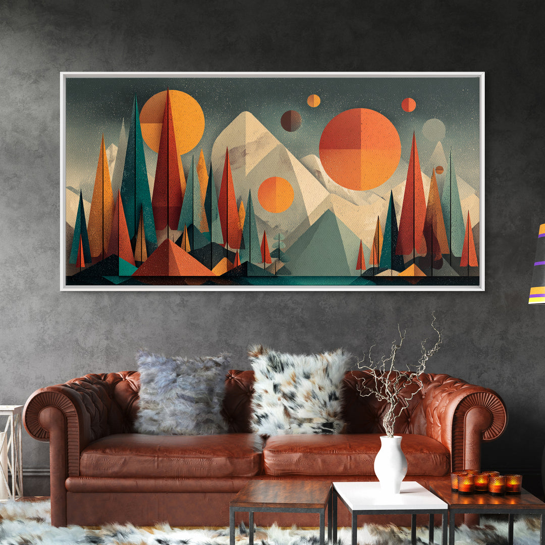 Geometric Mountain Forest With Suns Wall Art, Midcentury Modern Art, Abstract Landscape Print, Retro MCM Home Decor, Large Canvas Print