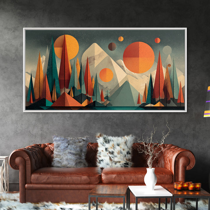 Geometric Mountain Forest With Suns Wall Art, Midcentury Modern Art, Abstract Landscape Print, Retro MCM Home Decor, Large Canvas Print