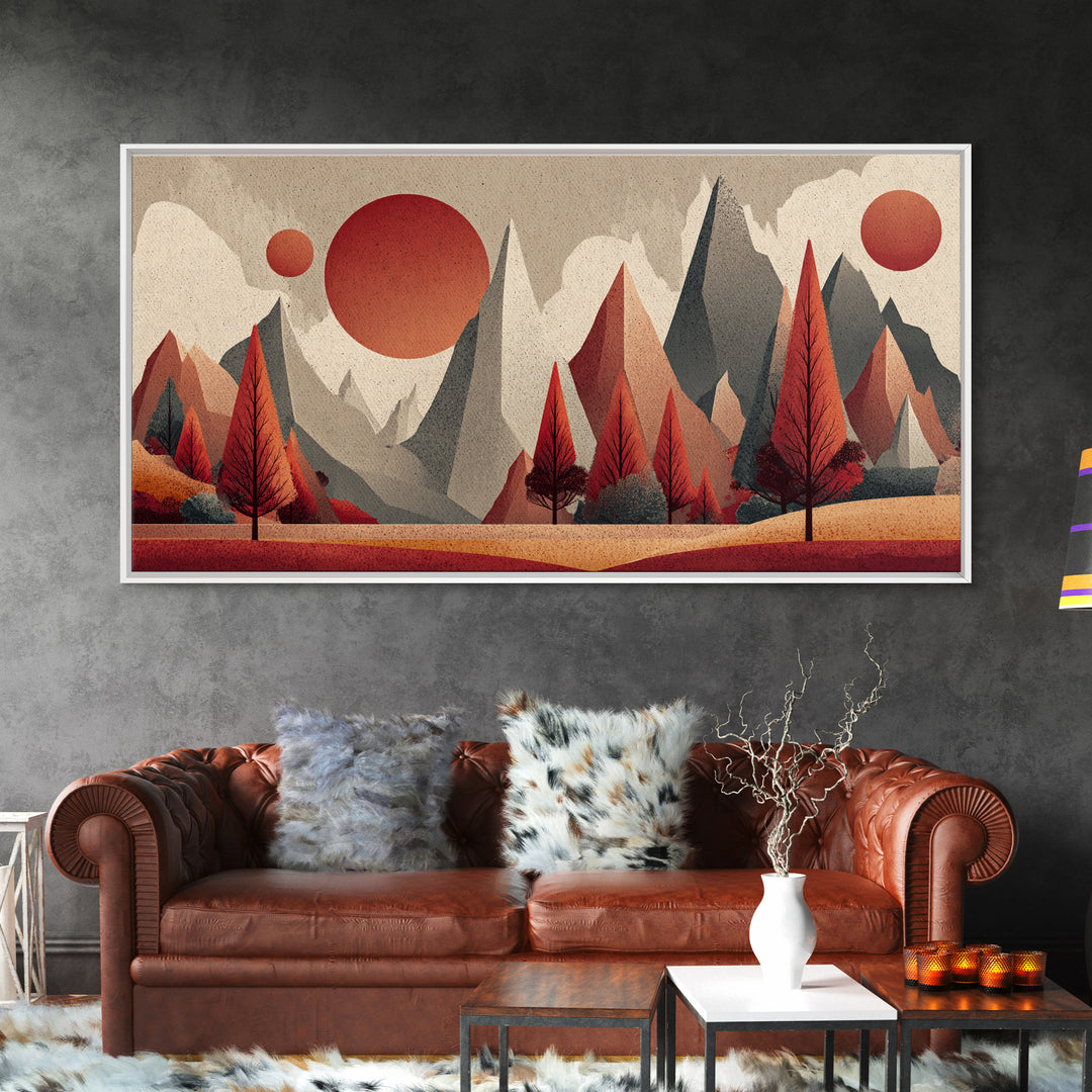 Red Pine Mountain Sunrise Wall Art, Midcentury Modern Abstract Landscape Print, Retro MCM Cabin Decor, Framed Canvas Print