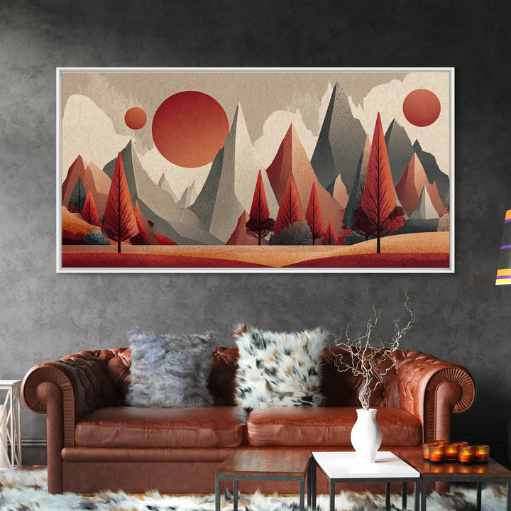 Red Pine Mountain Sunrise Wall Art, Midcentury Modern Abstract Landscape Print, Retro MCM Cabin Decor, Framed Canvas Print