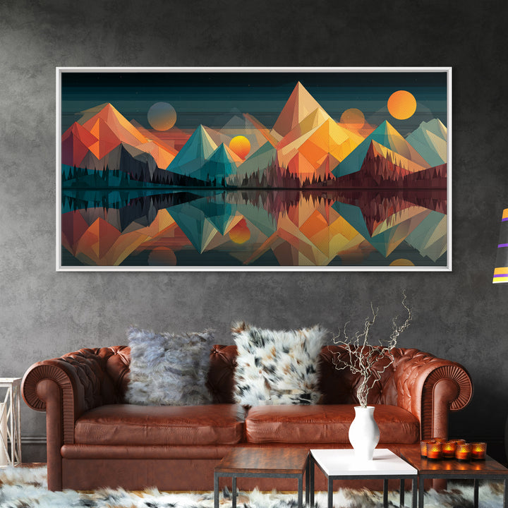 Colorful Geometric Mountain Lake Canvas Print, Midcentury Modern Wall Art, Abstract Landscape Poster, Retro MCM Cabin Home Decor