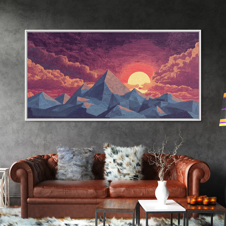 Textured Purple Mountain Sunset Wall Art, Retro Midcentury Modern Landscape Print, Scenic Bedroom Decor, Framed Canvas Print