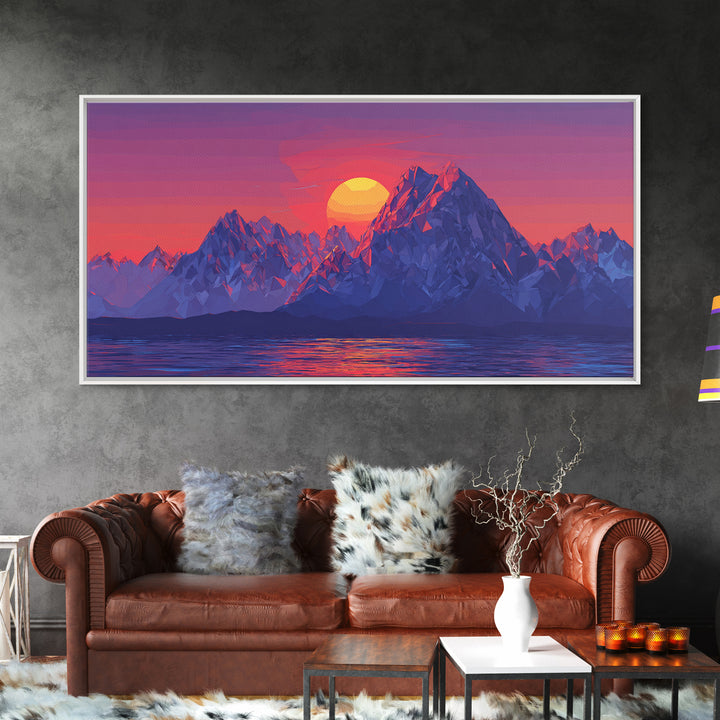 Alpine Mountain Lake Sunset Canvas Print, Blue Purple Landscape Wall Art, Modern Retro Poster, Bedroom Home Office Decor