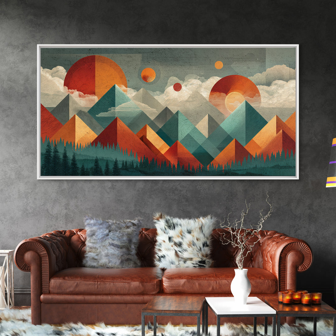 Orange Teal Geometric Mountain Suns Wall Art, Midcentury Modern Abstract Landscape Print, Retro MCM Home Decor, Canvas Print