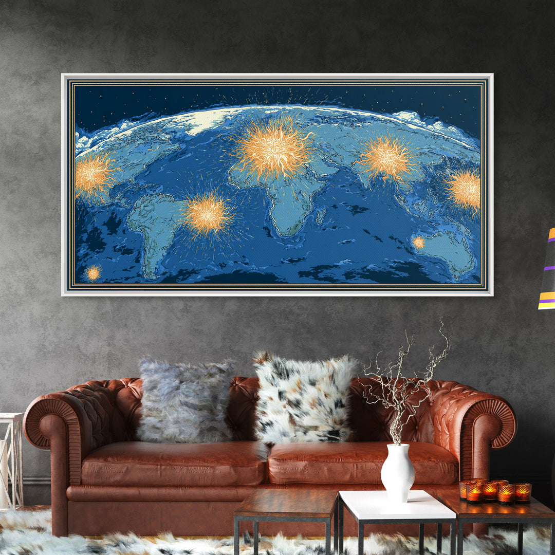 Blue World Map With Orange Network Bursts Wall Art, Modern Global Travel Print, Large Home Office Decor, Framed Canvas Print