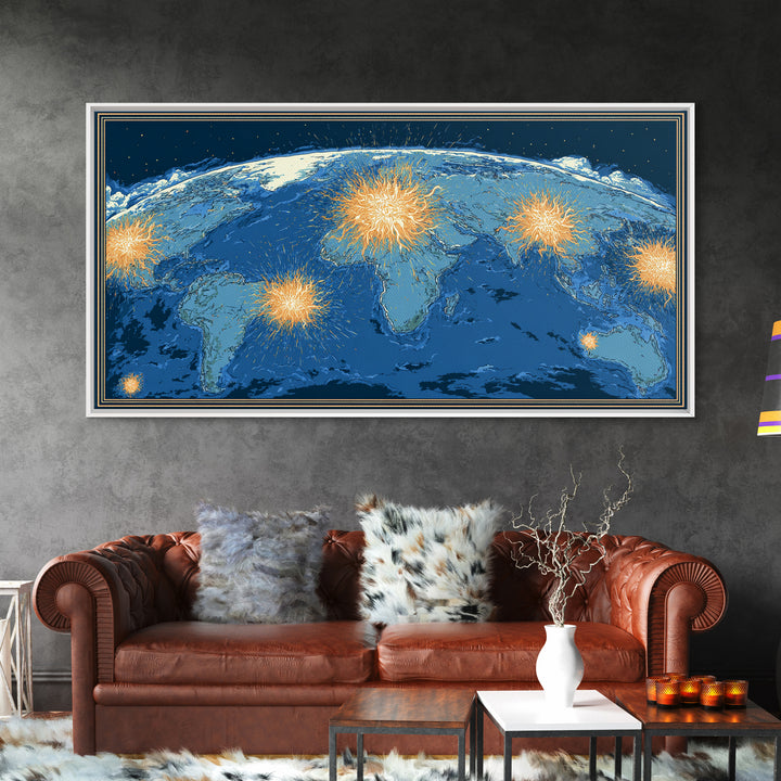 Blue World Map With Orange Network Bursts Wall Art, Modern Global Travel Print, Large Home Office Decor, Framed Canvas Print