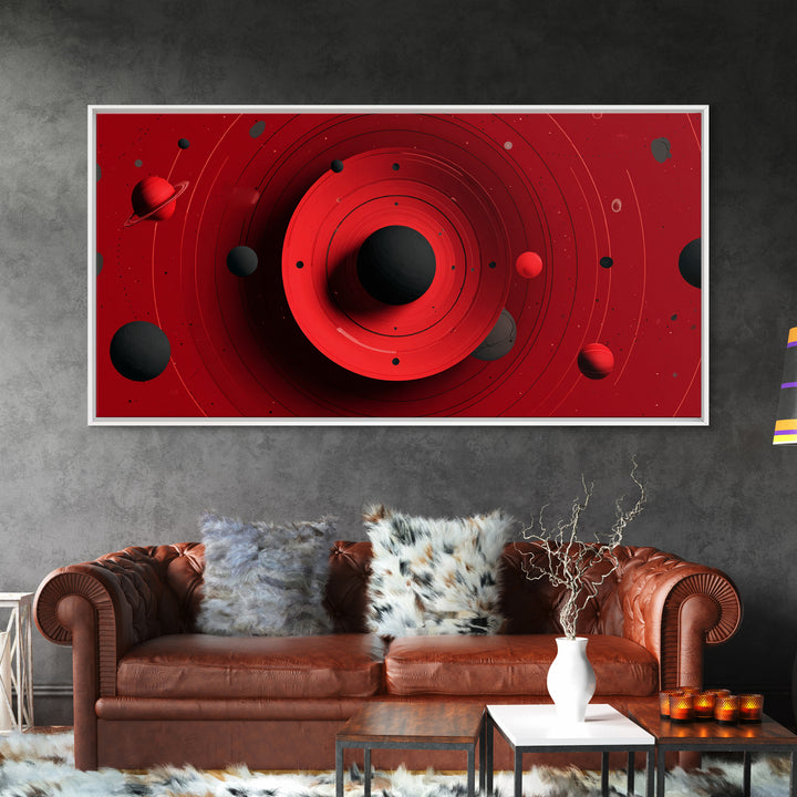 Red Black Planetary Rings Canvas Print, Midcentury Modern Cosmic Wall Art, Sci Fi Space Poster, Atomic Retro MCM Decor Art