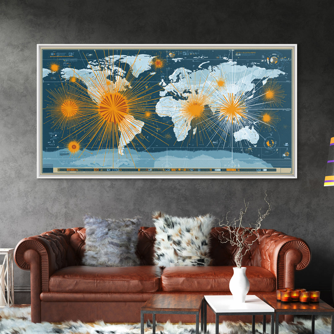 Detailed Blue World Map Network Canvas Print, Modern Office Wall Art, Global Travel Poster, Large Home Decor, Digital Art Print