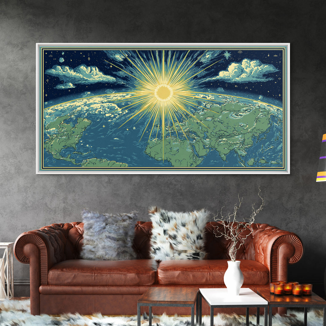 Radiant Sunrise World Map Wall Art, Celestial Earth Poster, Midcentury Modern Art Print, Starry Travel Decor For Living Room