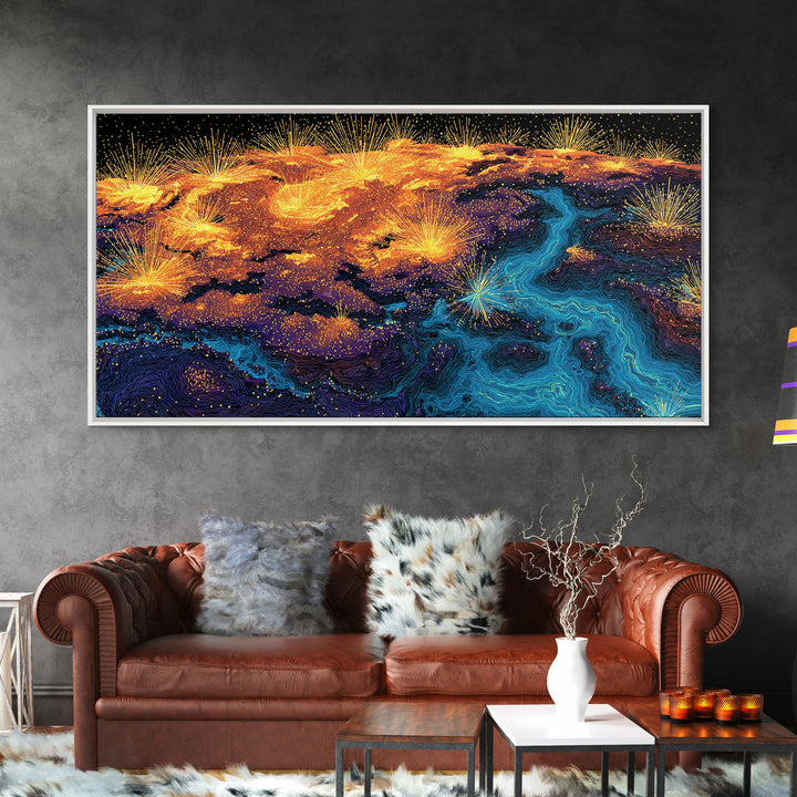 Glowing City Lights Earth Canvas Print, Abstract World Map Poster, Modern Wall Art Print, Orange Blue Travel Decor For Office