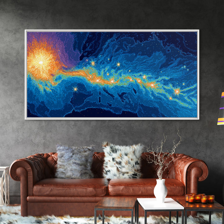 Cosmic Energy Map Wall Art, Blue Orange Abstract Poster, Modern Digital Art Print, Sci Fi Travel Decor For Bedroom And Office