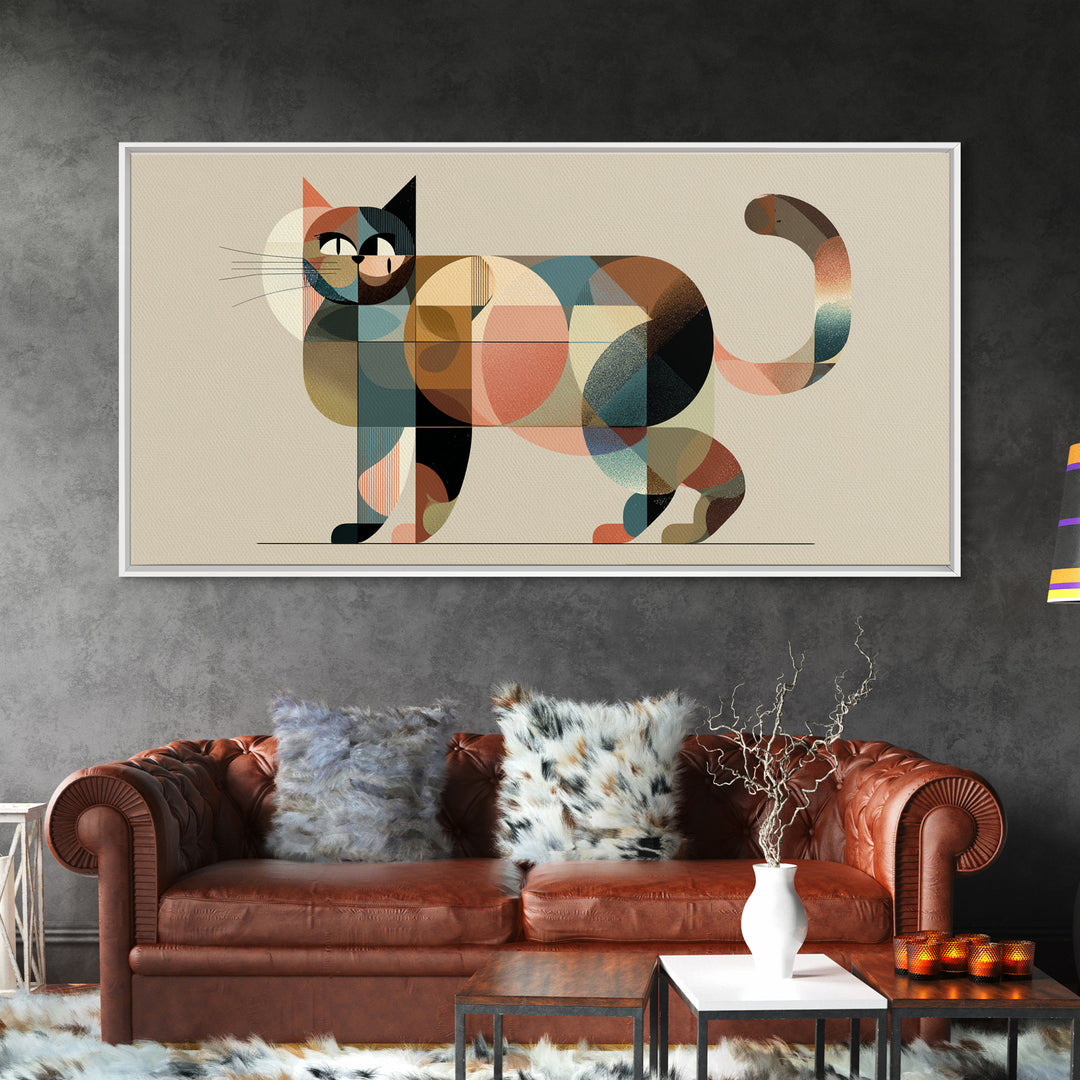 Muted Geometric Cat Wall Art, Midcentury Modern Feline Print, Scandinavian Modern Decor, Pastel Abstract Poster For Cat Lovers