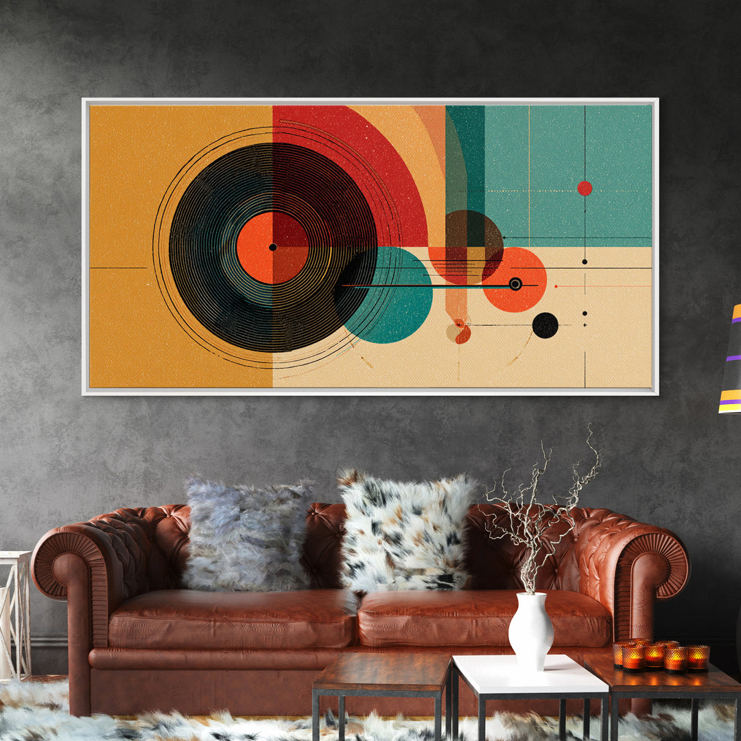 Retro Vinyl Record Wall Art, Midcentury Modern Music Poster, Abstract Geometric Art Print, Orange Teal Decor For Bar Cart