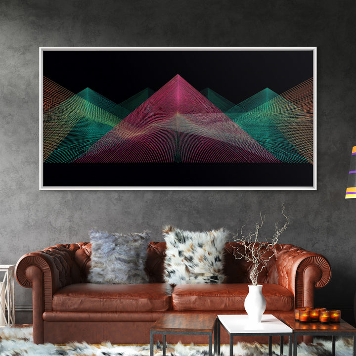 Neon Wireframe Pyramid Wall Art, Sci Fi Abstract Poster, Modern Digital Art Print, Black Retro Decor For Gaming Room Or Studio