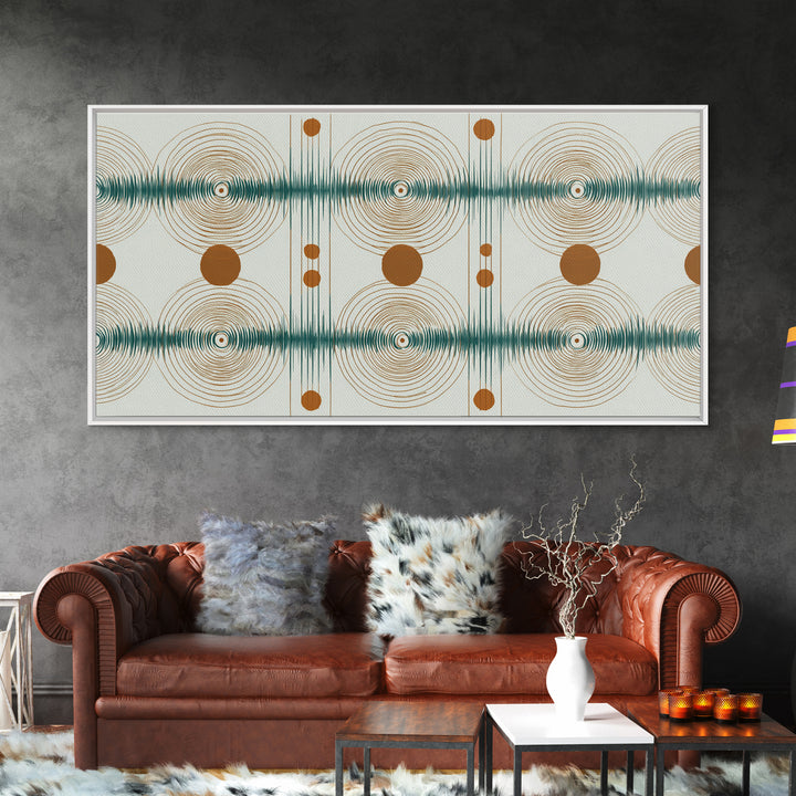 Teal Copper Atomic Sound Wave Framed Canvas Print, Midcentury Modern Art, Geometric Wall Art, Retro Home Office Decor Print