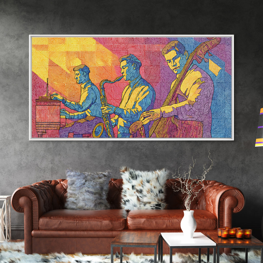 Bright Pop Art Jazz Trio Wall Art, Colorful Midcentury Modern Art Print, Saxophone Piano Bass, Studio Decor Poster Music Gift