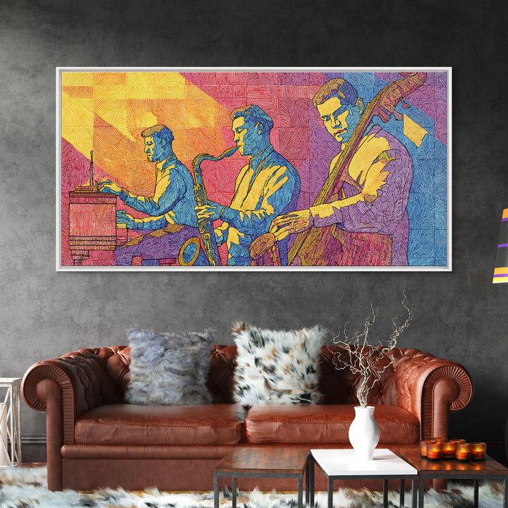 Bright Pop Art Jazz Trio Wall Art, Colorful Midcentury Modern Art Print, Saxophone Piano Bass, Studio Decor Poster Music Gift