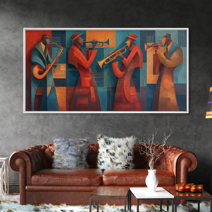 Red Teal Jazz Horn Ensemble Framed Canvas Print, Midcentury Modern Wall Art, Retro Music Poster, Masculine Decor Gift For Him