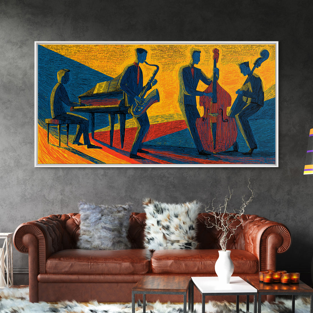 Yellow Blue Jazz Club Quartet Canvas Print, Midcentury Modern Art, Retro Wall Art, Sax Piano Bass Living Room Decor Poster