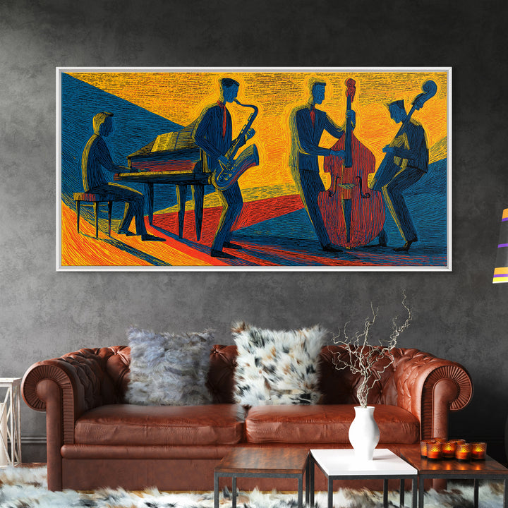 Yellow Blue Jazz Club Quartet Canvas Print, Midcentury Modern Art, Retro Wall Art, Sax Piano Bass Living Room Decor Poster