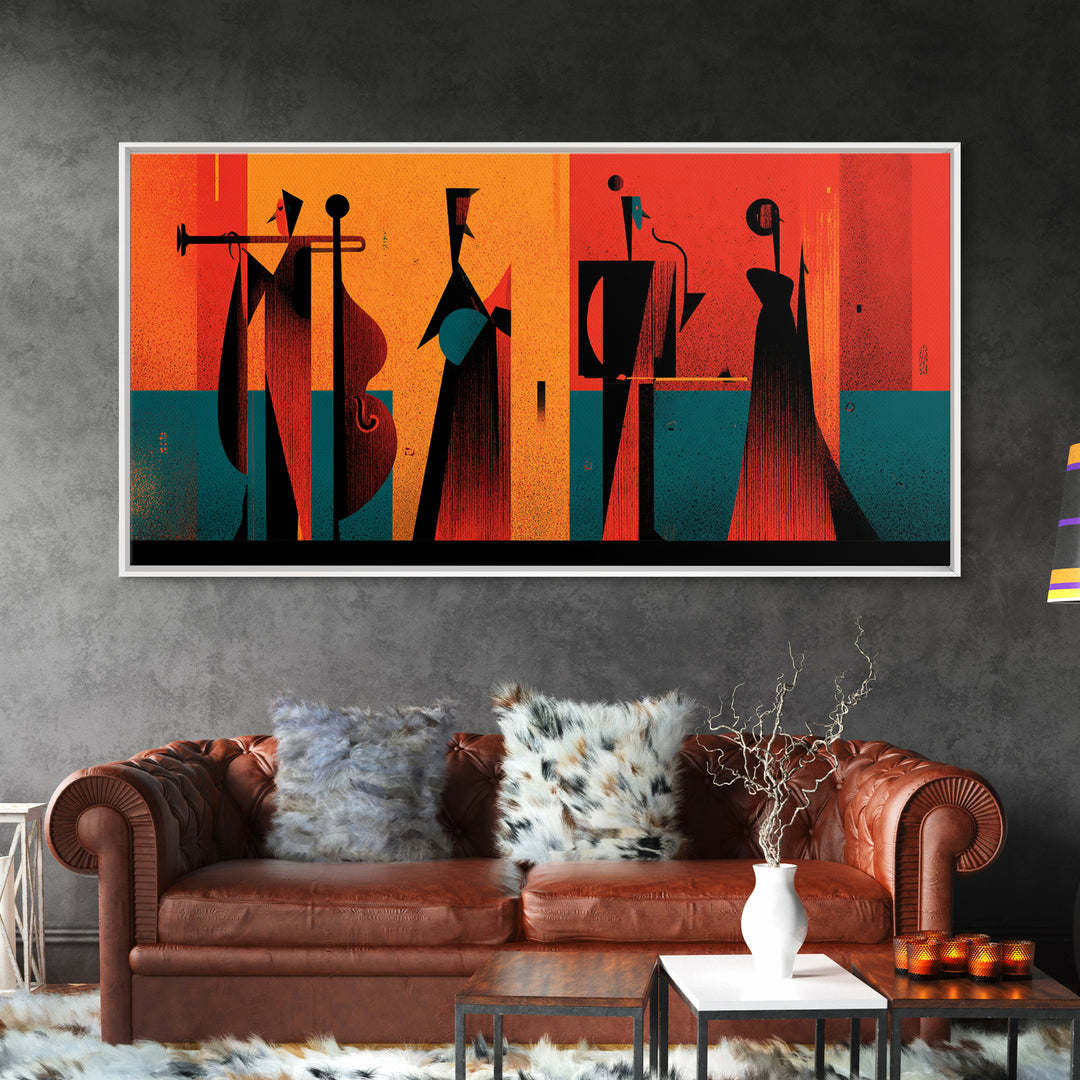 Orange Black Abstract Jazz Ensemble Wall Art, Midcentury Modern Poster, Atomic Art Print, Bold Geometric Home Decor For Musicians