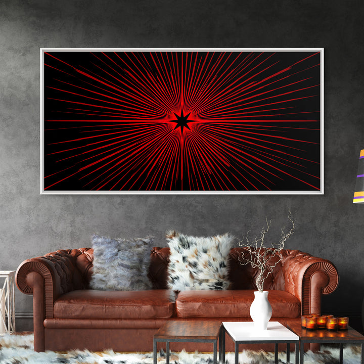 Red Starburst On Black Wall Art, Midcentury Modern Op Art Poster, Atomic Sunburst Canvas Print, Bold Geometric MCM Decor