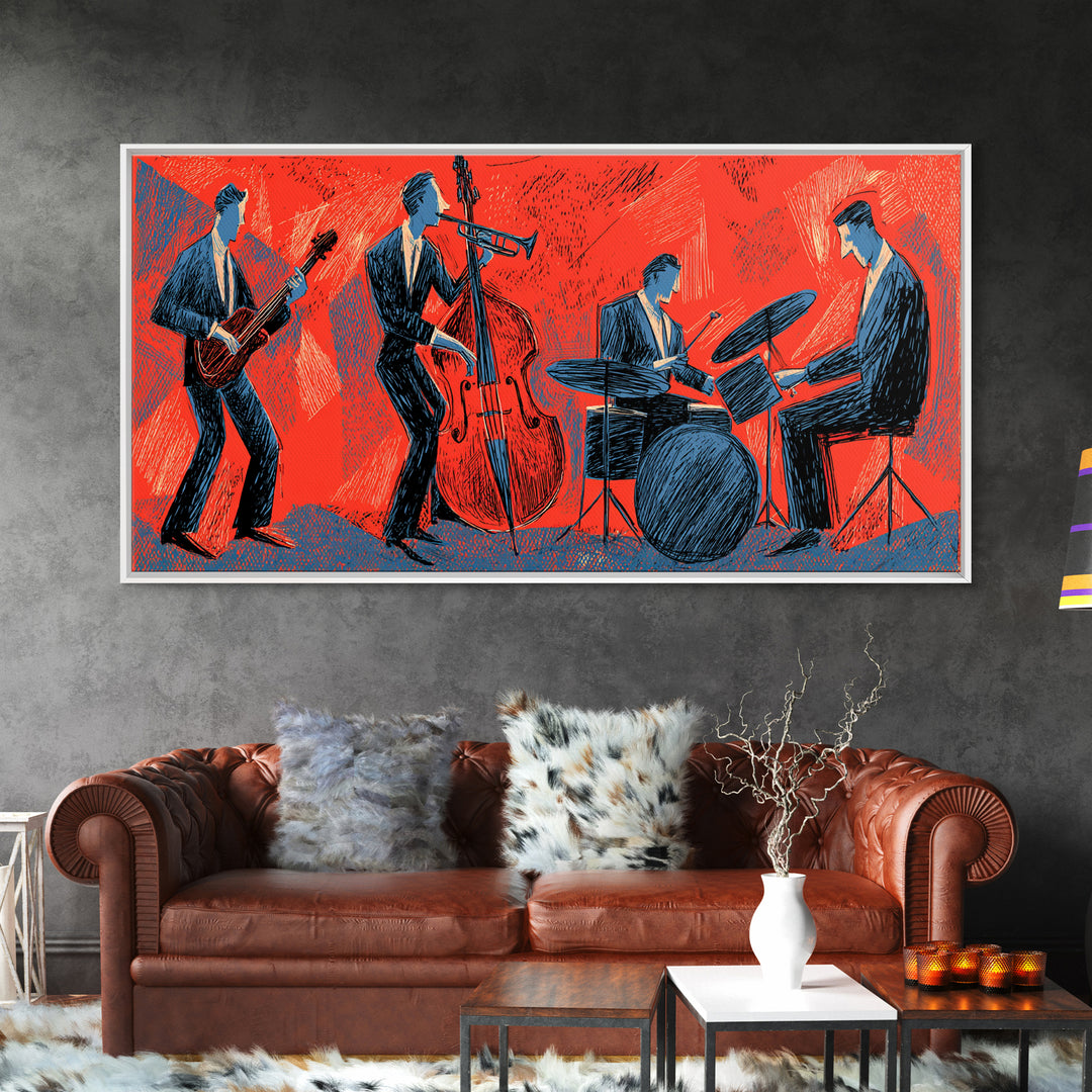 Red Blue Jazz Band Canvas Print, Midcentury Modern Wall Art, Abstract Music Poster, Living Room Decor Gift For Musicians
