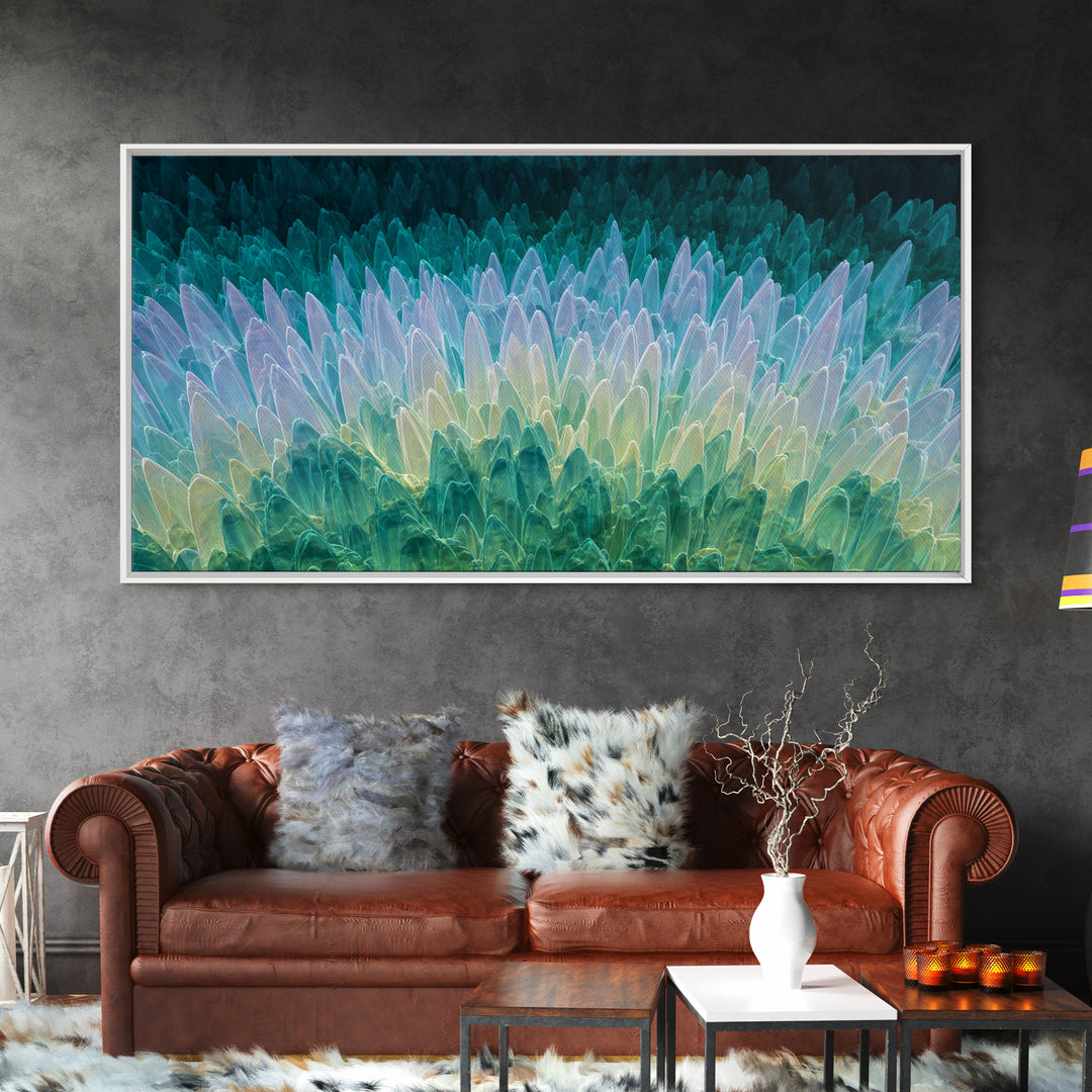Teal Crystal Feather Abstract Wall Art, Midcentury Modern Art Print, Blue Green Geometric Decor, Statement Home Office Art